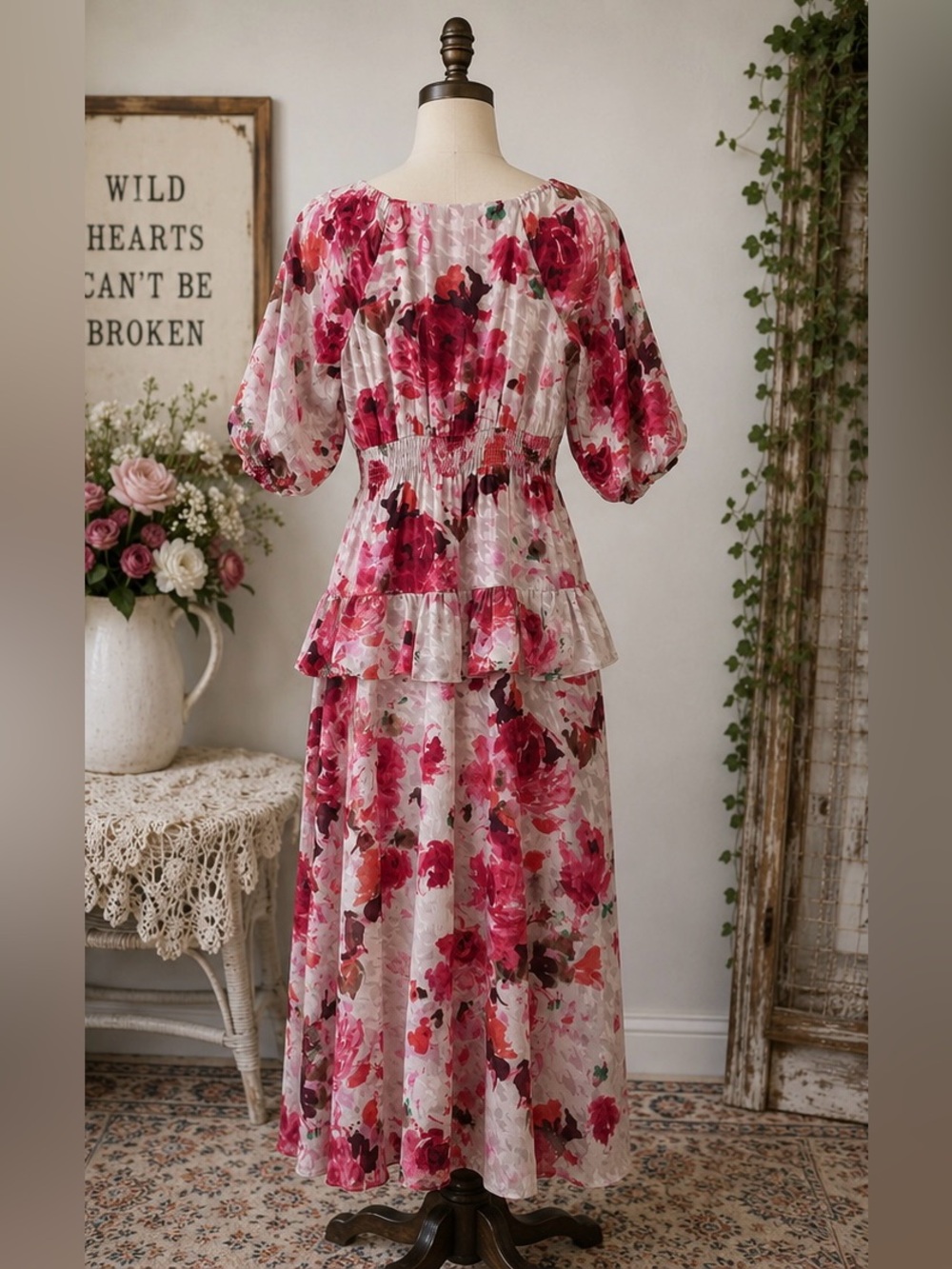 Floral Midi Dress Roses Smocked Waist Feminine Romantic Cottagecore Euro Summer - Picture 3 of 16